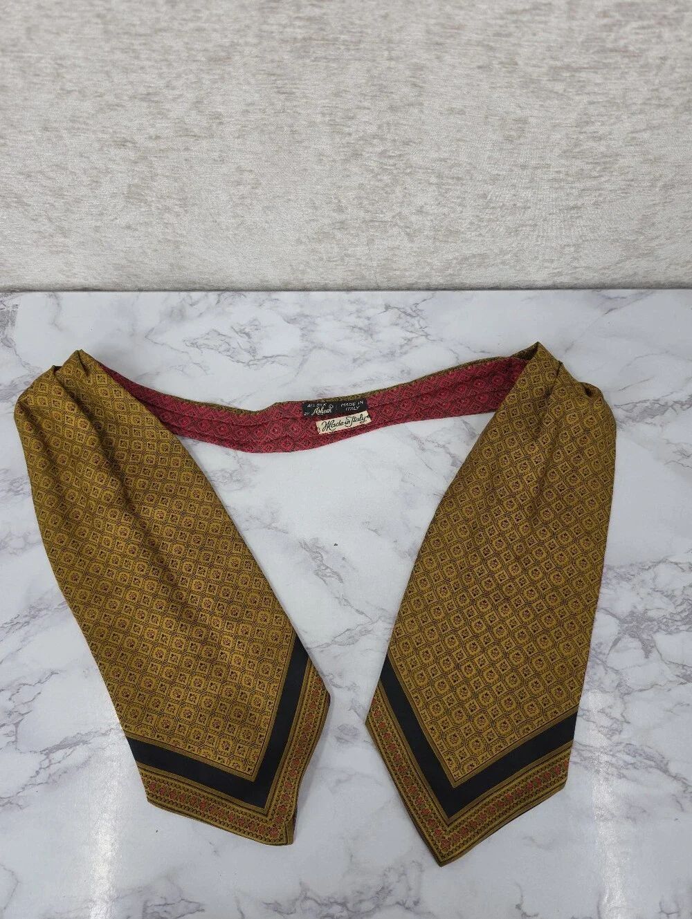 Ashear 70s Italian Silk Ascot Tie Scarf Vintage Gold Red Geometric Floral